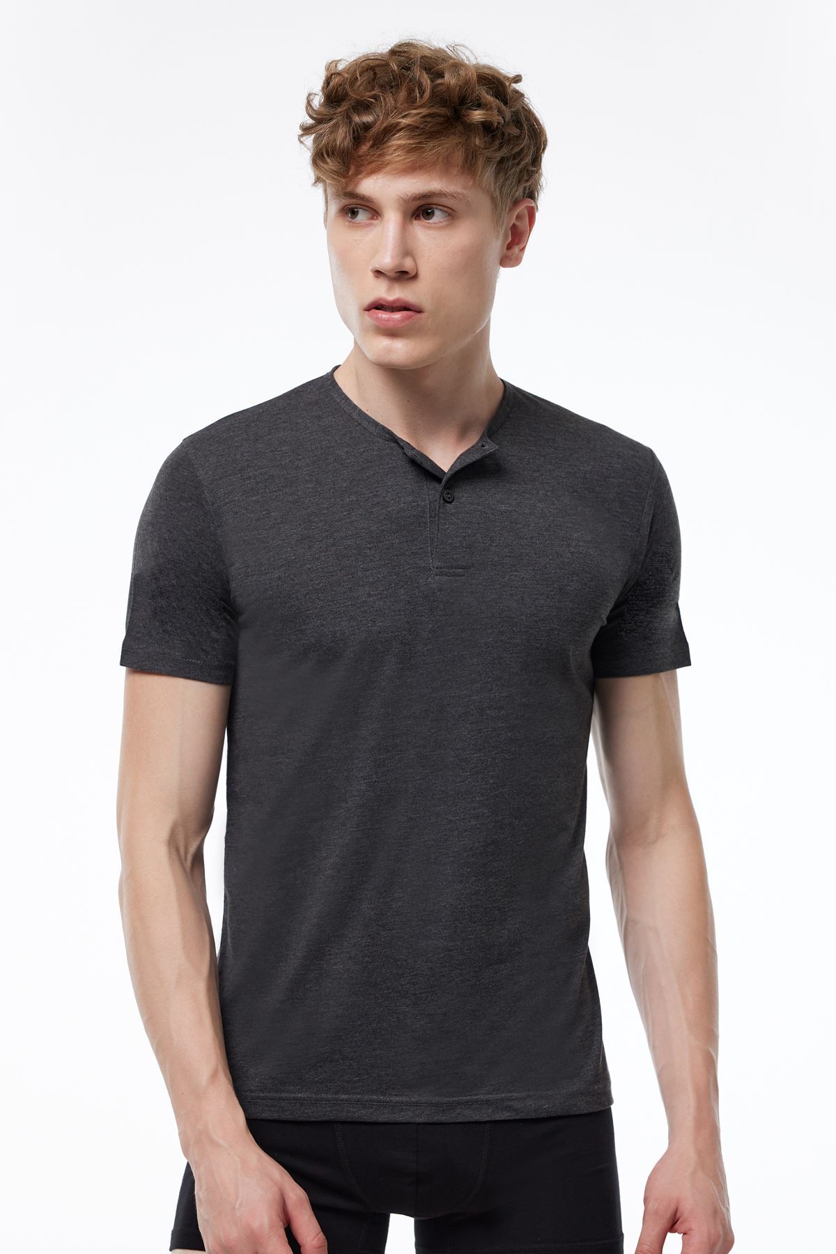 Malabadi Erkek Antrasit Düğmeli Yaka İnce Modal Yaz Serinliği T-Shirt 083 
