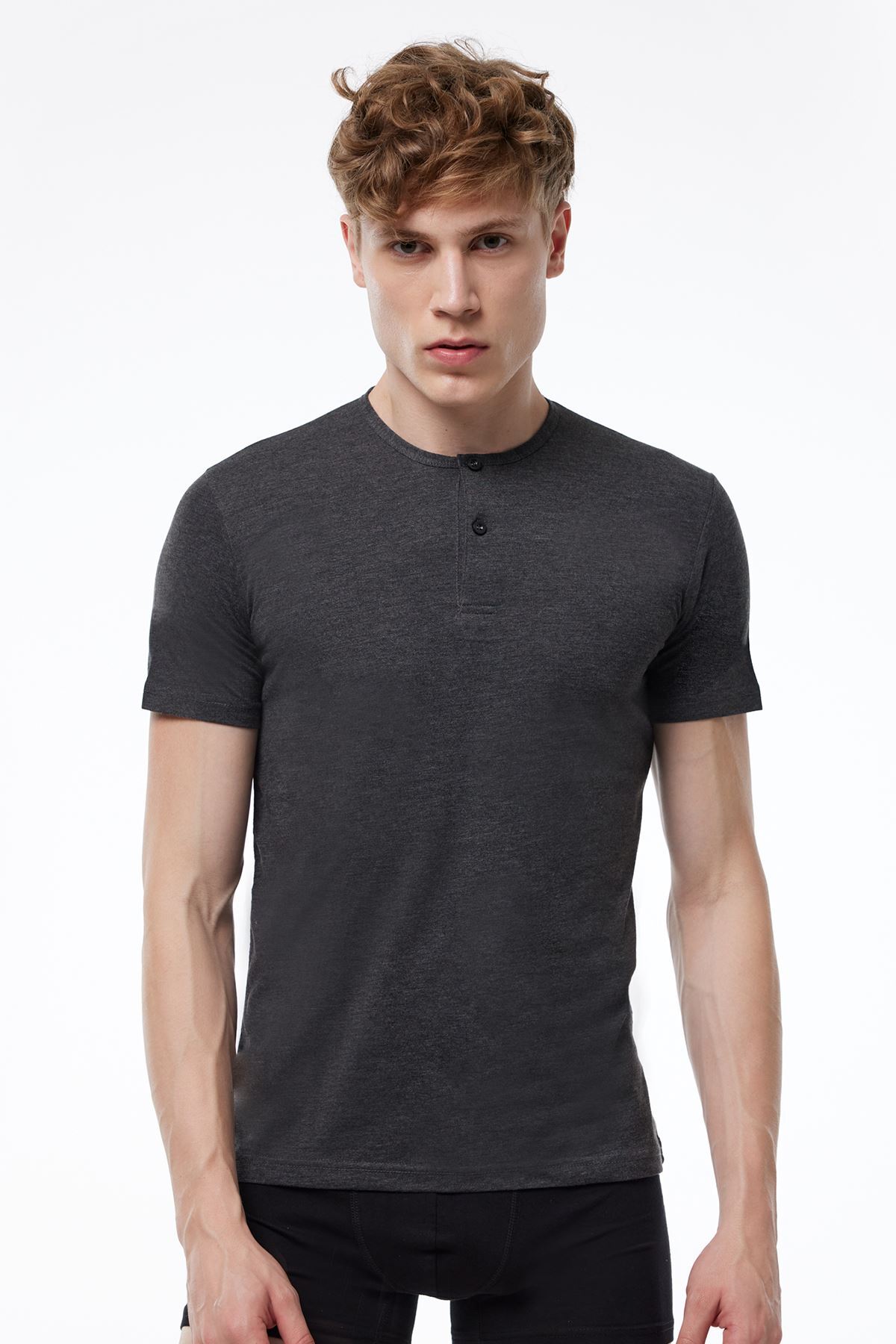 Malabadi Erkek Antrasit Düğmeli Yaka İnce Modal Yaz Serinliği T-Shirt 083 - 2