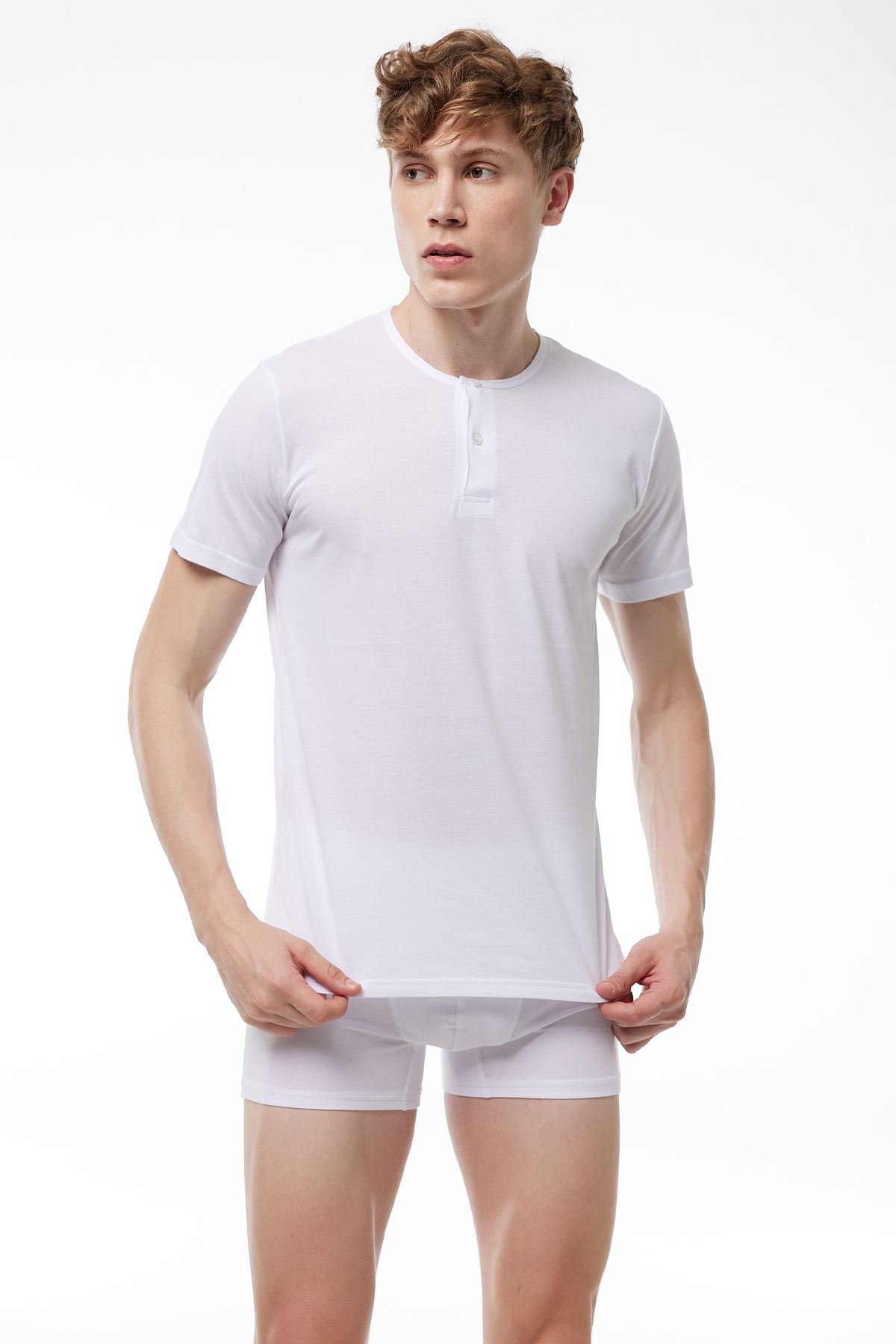 Malabadi Erkek Beyaz Düğmeli Yaka İnce Modal Yaz Serinliği T-Shirt 083 - 2