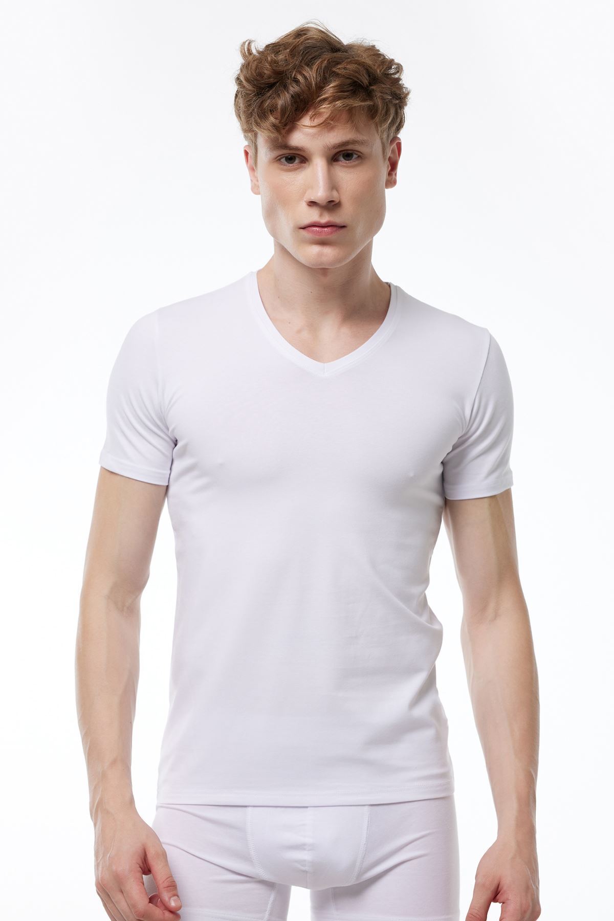 Malabadi Erkek Beyaz V Yaka Kısa Kollu Pamuk Elastan Fanila T-Shirt 092 - 1