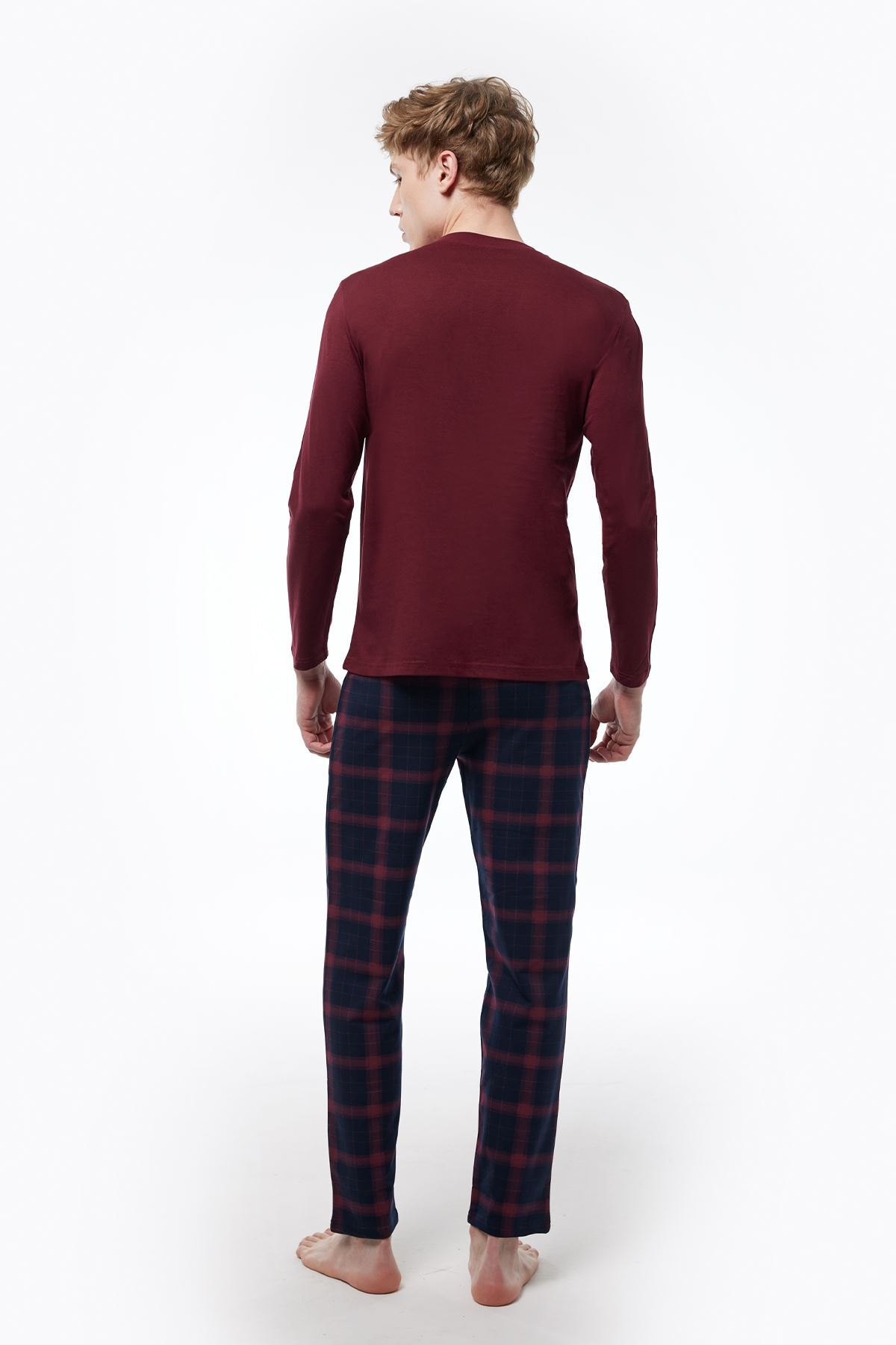 Malabadi Erkek Bordo Ekoseli Düğmeli Yaka Uzun Kollu Kışlık Pijama Takımı 6015 - 2