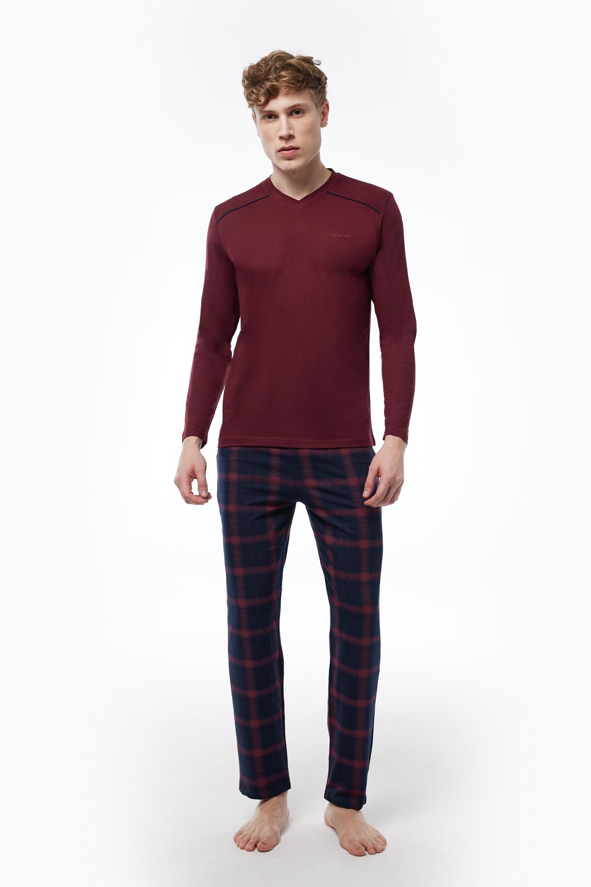 Malabadi Erkek Bordo Ekoseli V Yaka Uzun Kollu Kışlık Pijama Takımı 6014 - 1