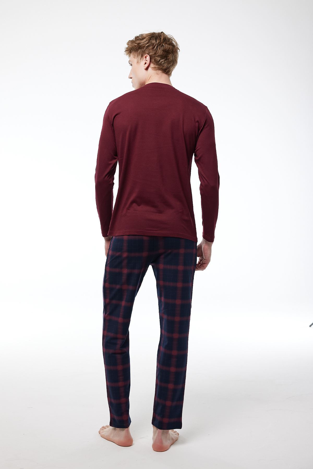 Malabadi Erkek Bordo Ekoseli V Yaka Uzun Kollu Kışlık Pijama Takımı 6014 - 2