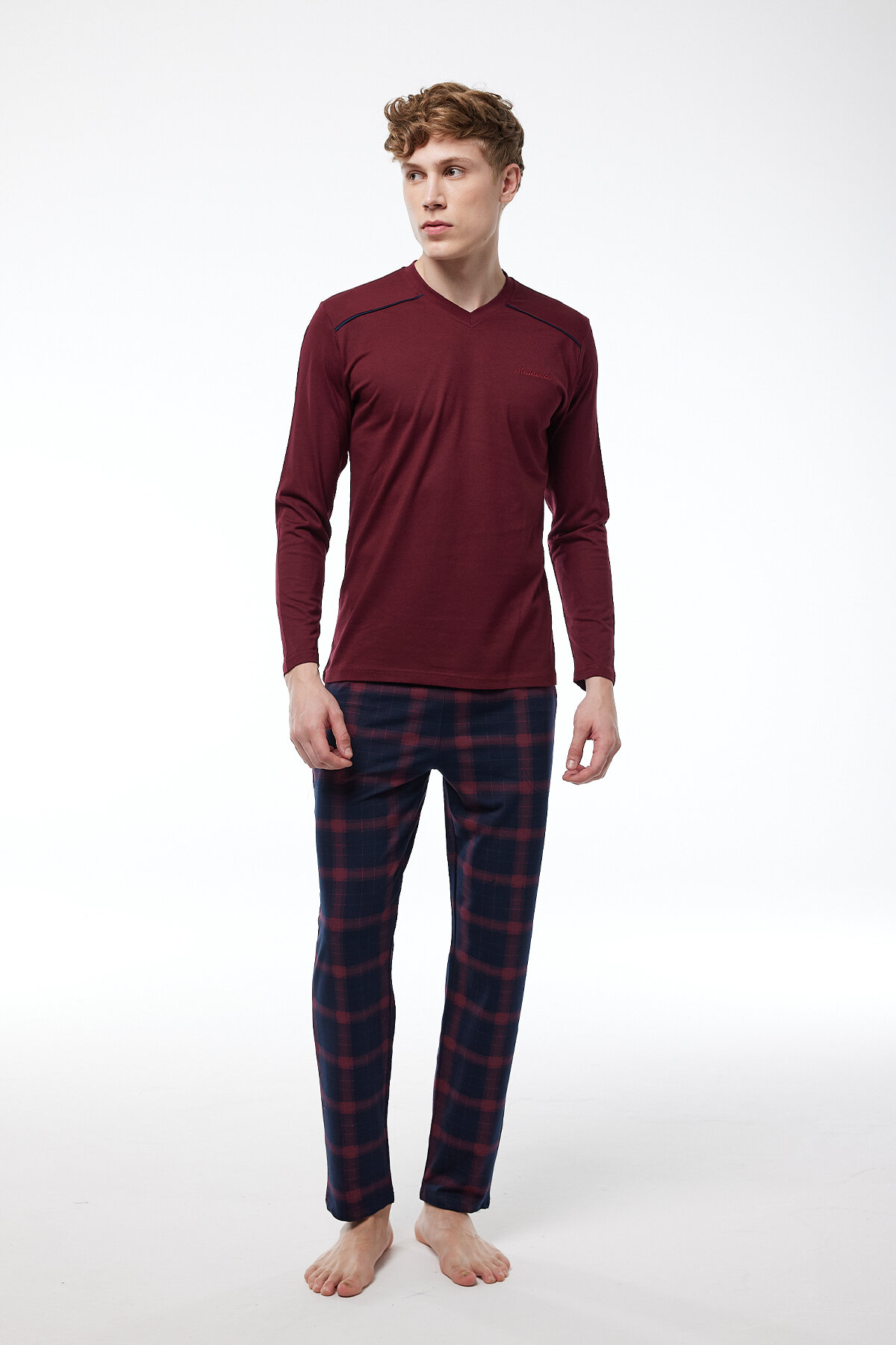 Malabadi Erkek Bordo Ekoseli V Yaka Uzun Kollu Kışlık Pijama Takımı 6014 - 2