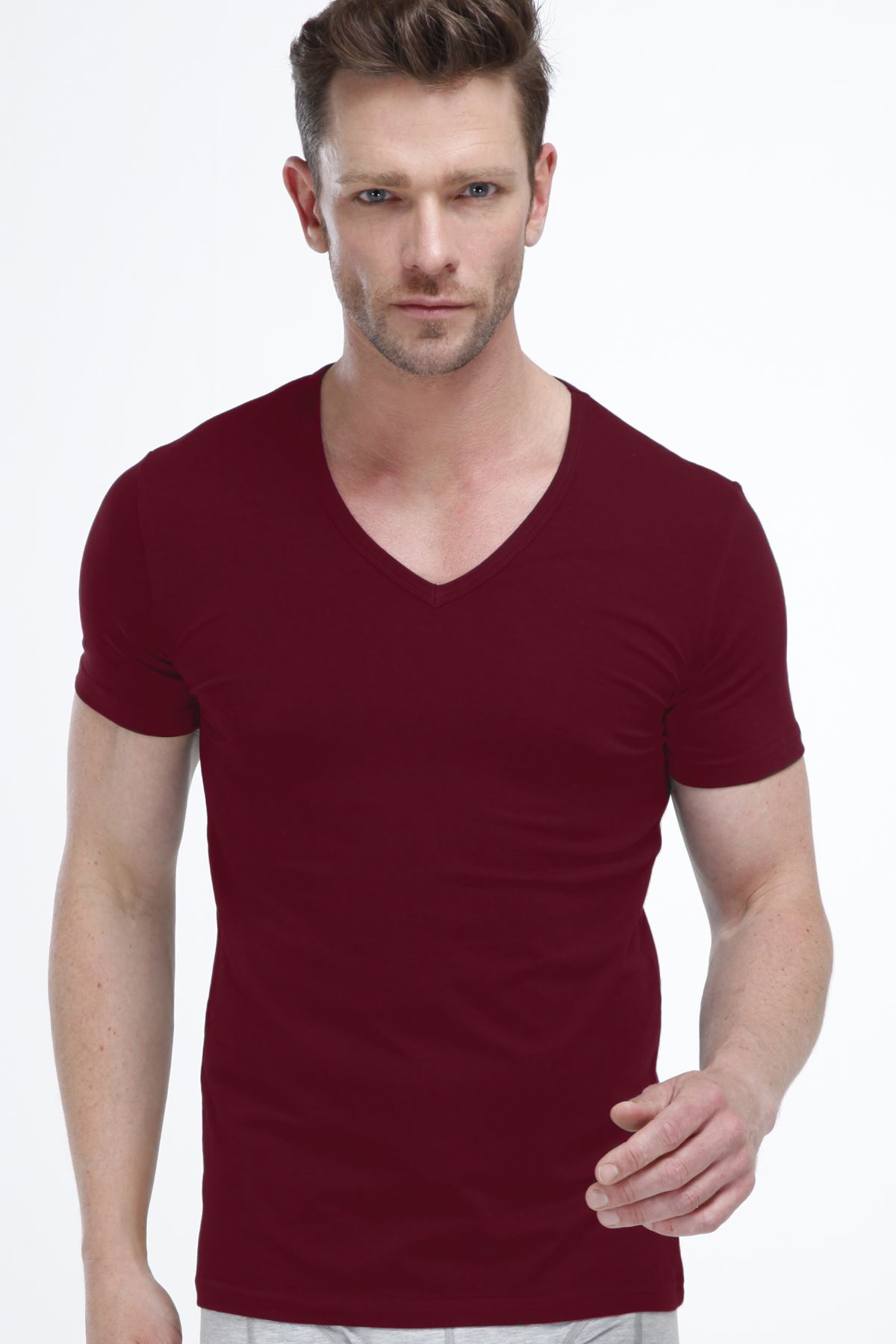 Malabadi Erkek Bordo V Yaka Kısa Kollu Modal T-shirt Body 032 - 1