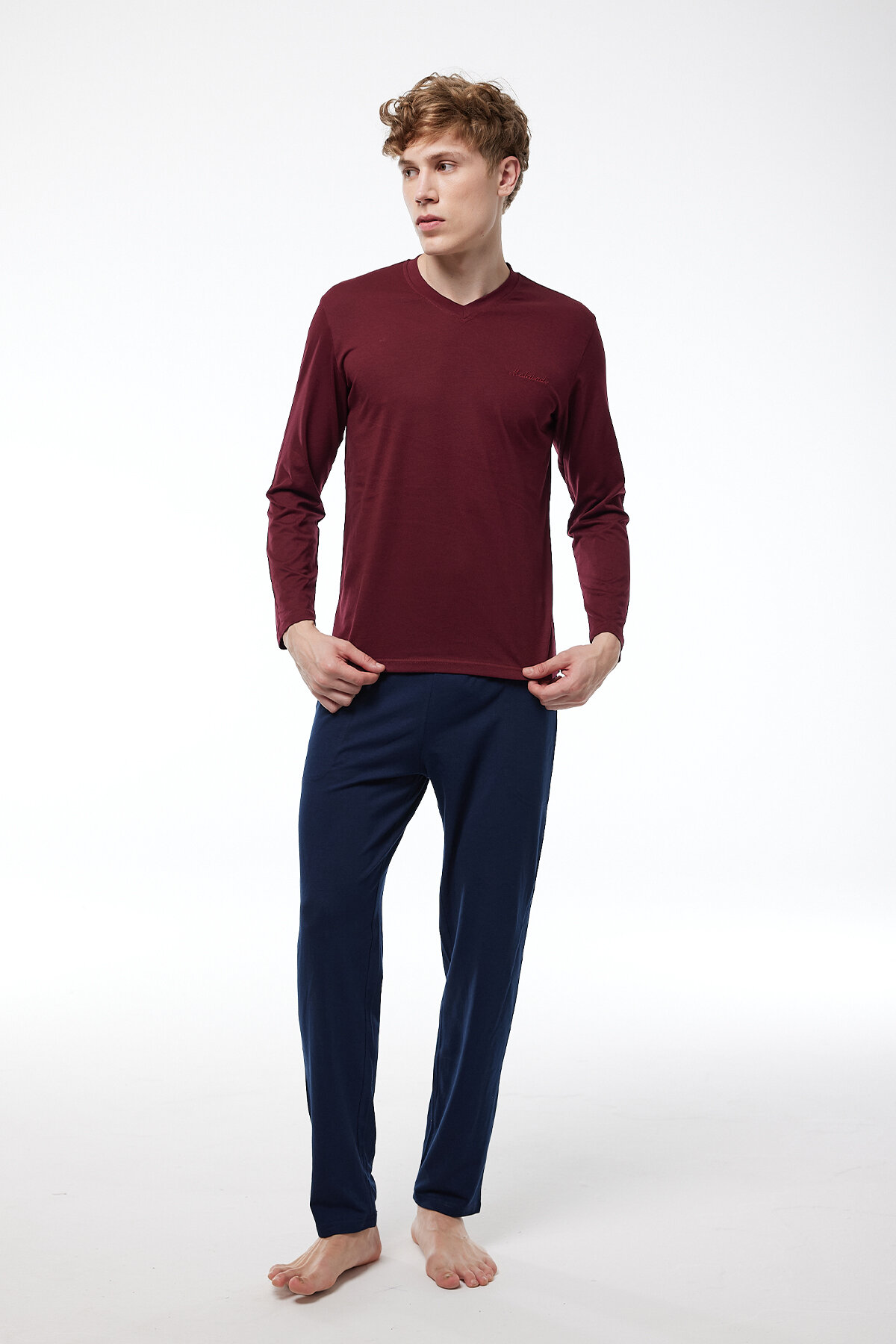 Malabadi Erkek Bordo V Yaka Uzun Kollu Kışlık Pijama Takımı 6011 - 2
