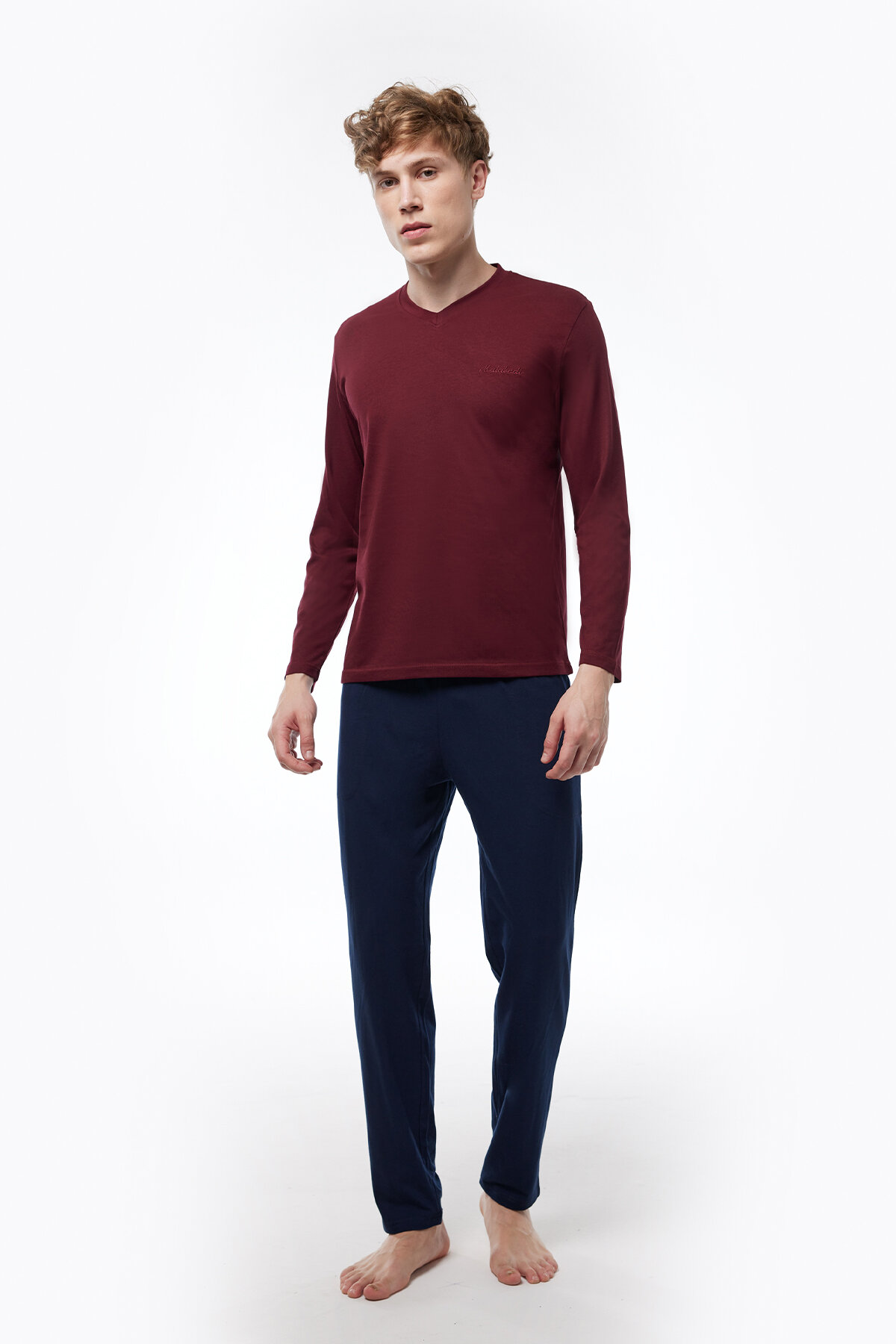 Malabadi Erkek Bordo V Yaka Uzun Kollu Kışlık Pijama Takımı 6011 - 3