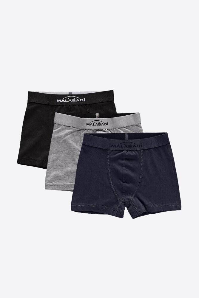 Malabadi Erkek Çocuk Siyah Gri Füme 3 Lü Pamuk Elastan Boxer 3M208 - 1