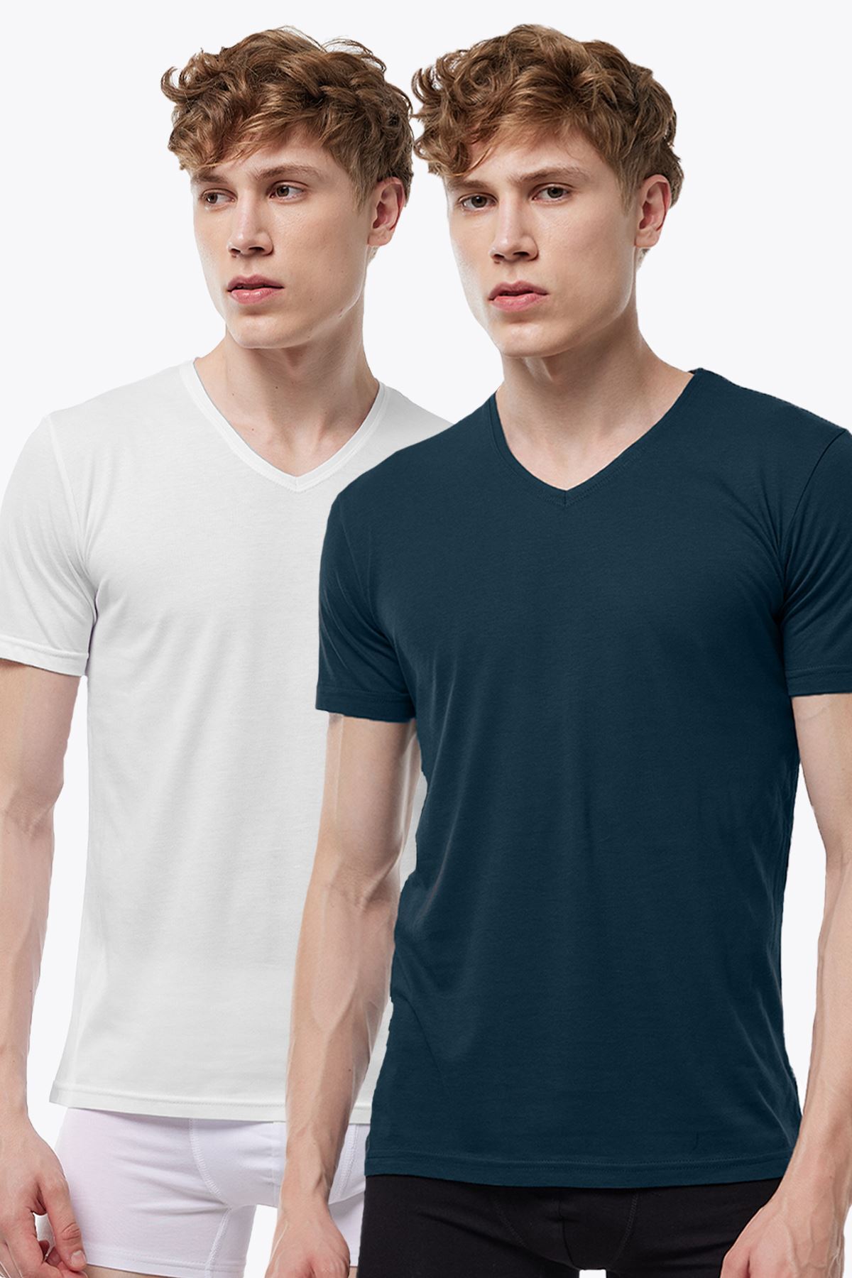 Malabadi Erkek Füme Taş Rengi 2 li V Yaka Modal İnce Yaz Serinliği Tişört 2M085 - 1