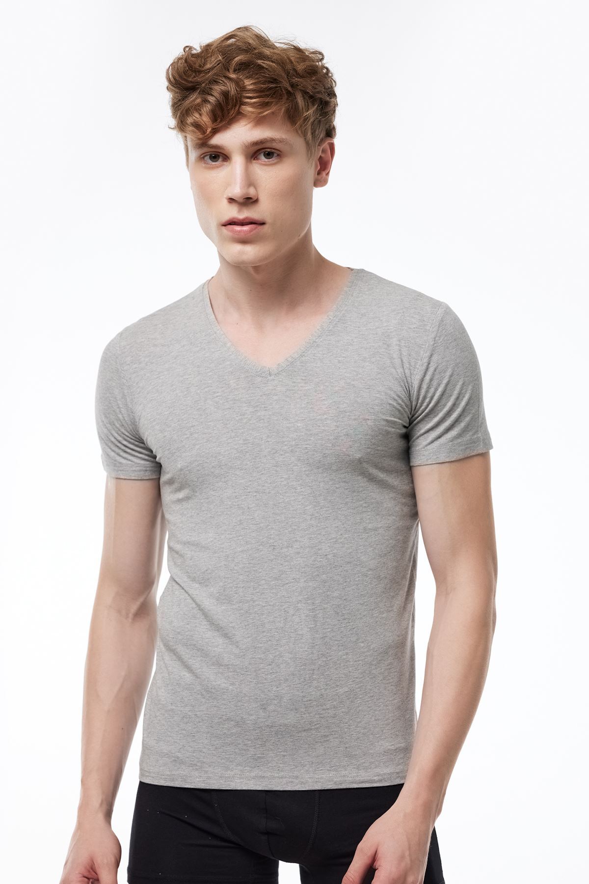Malabadi Erkek Gri V Yaka Kısa Kollu Modal T-shirt Body 032 - 1
