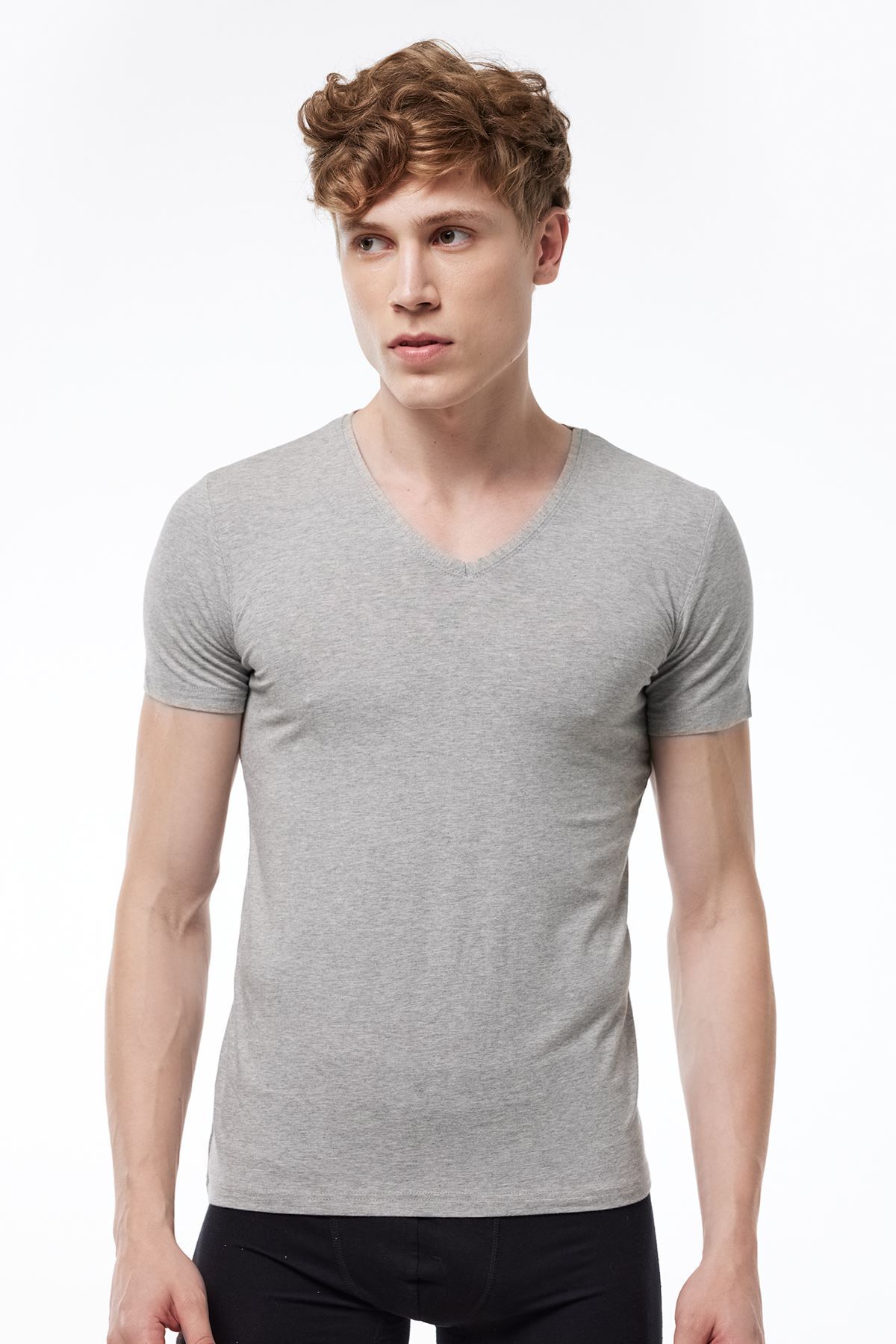 Malabadi Erkek Gri V Yaka Kısa Kollu Pamuk Elastan Fanila T-Shirt 092 - 1