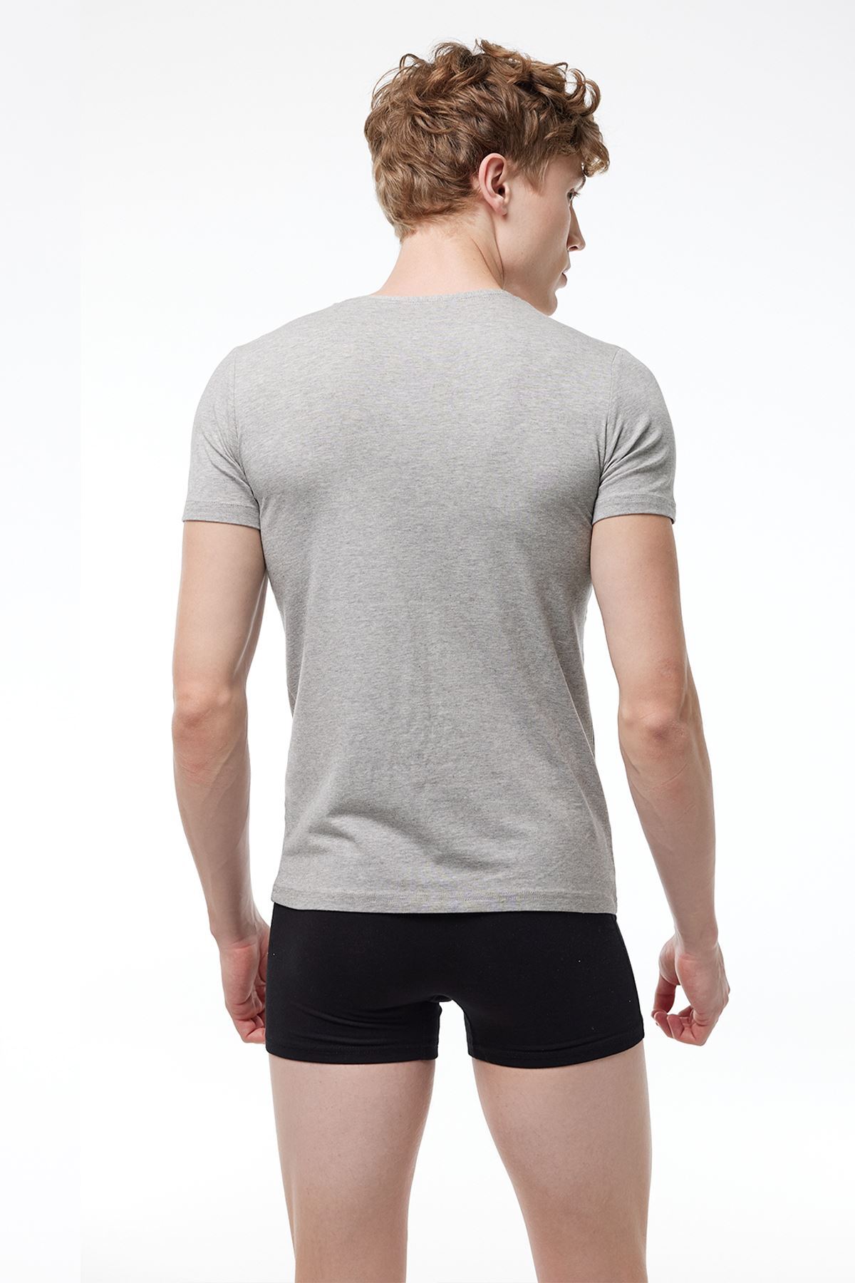 Malabadi Erkek Gri V Yaka Kısa Kollu Pamuk Elastan Fanila T-Shirt 092 - 2