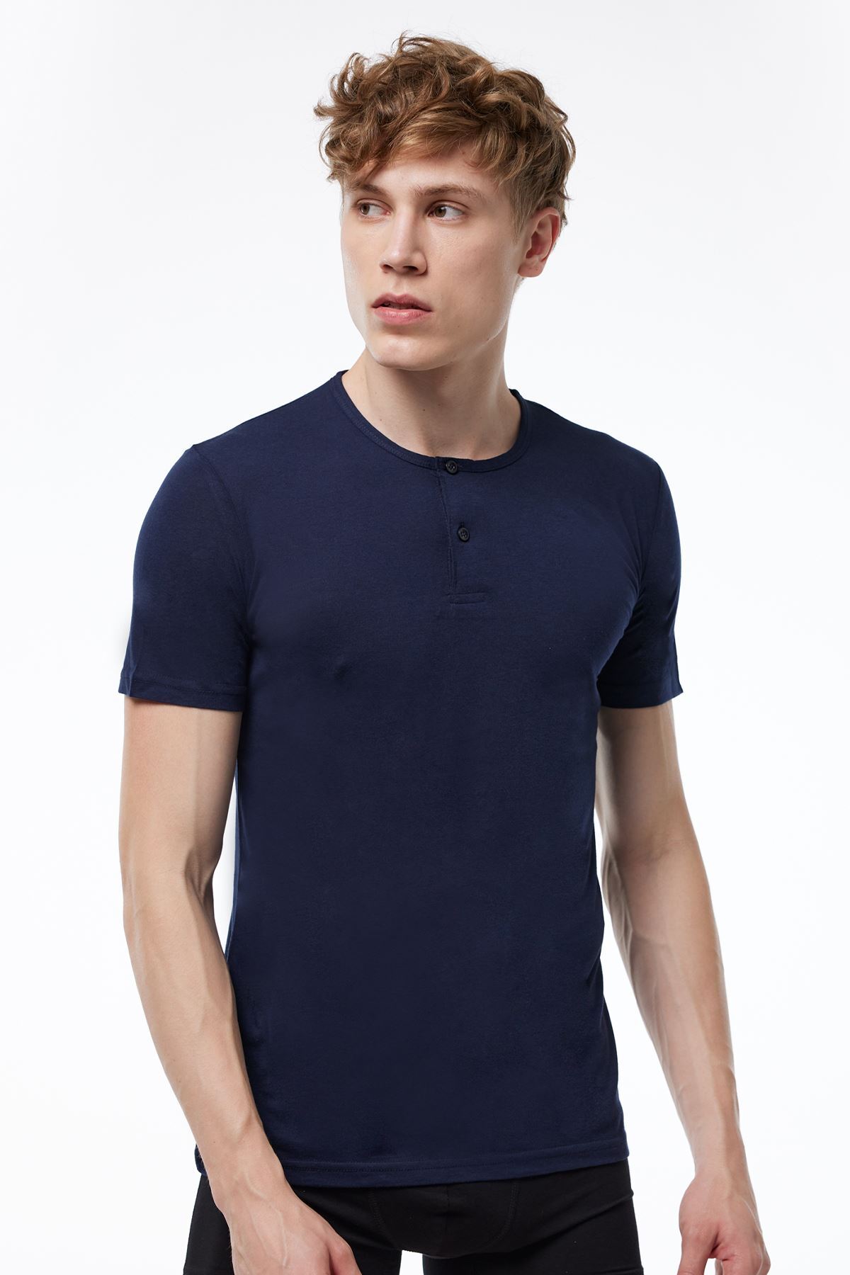 Malabadi Erkek Lacivert Düğmeli Yaka İnce Modal Yaz Serinliği T-Shirt 083 