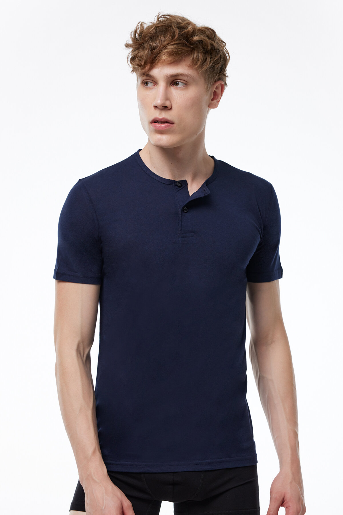 Malabadi Erkek Lacivert Düğmeli Yaka İnce Modal Yaz Serinliği T-Shirt 083 - 2