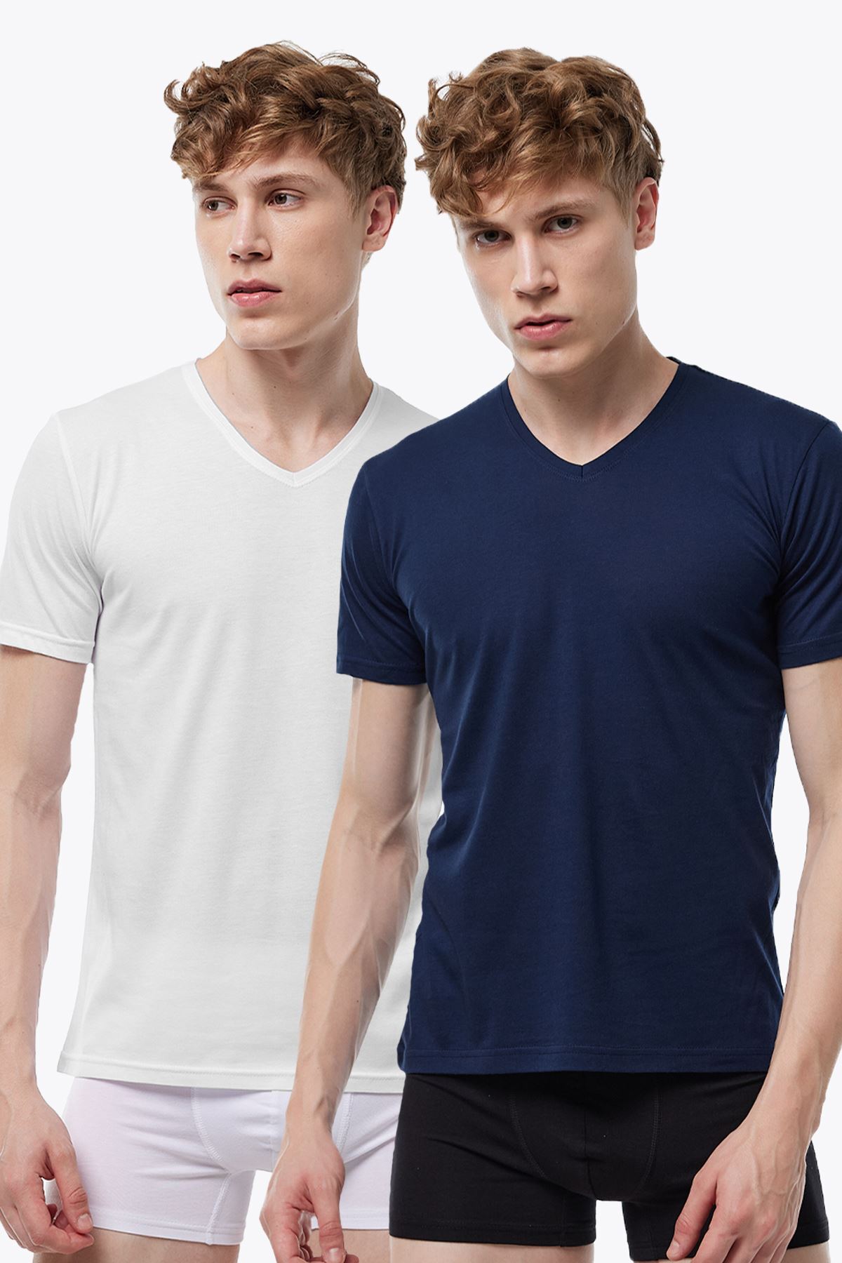 Malabadi Erkek Lacivert Taş Rengi 2 li V Yaka Modal İnce Yaz Serinliği Tişört 2M085 - 1