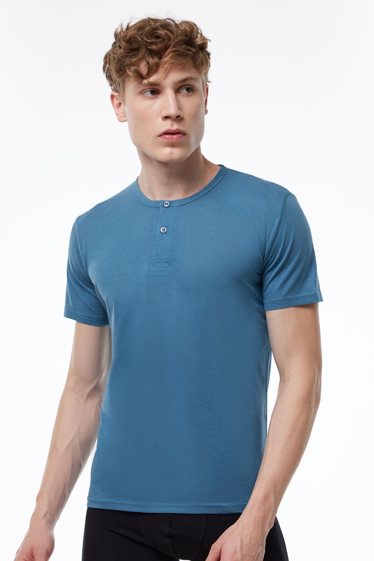 Malabadi Erkek Mavi Düğmeli Yaka İnce Modal Yaz Serinliği T-Shirt 083 