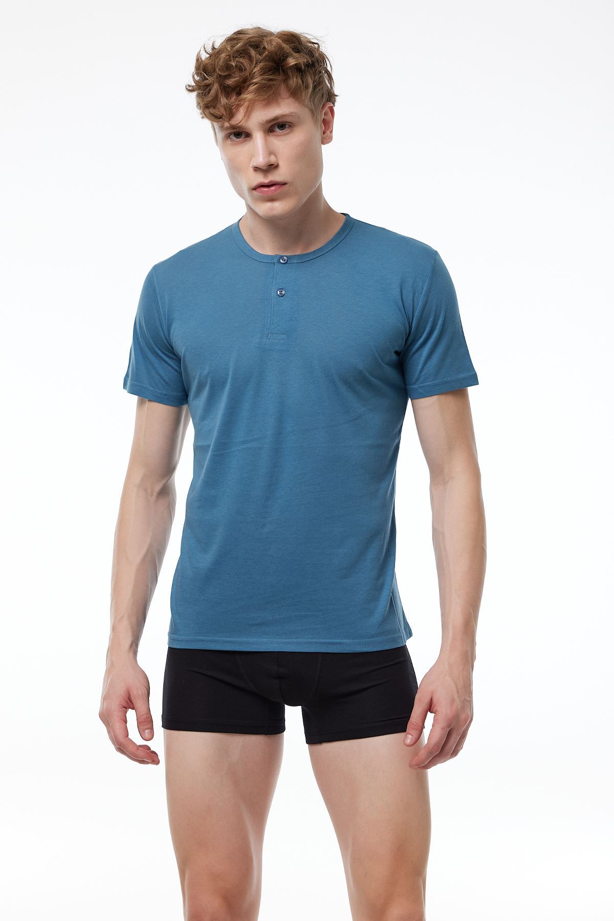 Malabadi Erkek Mavi Düğmeli Yaka İnce Modal Yaz Serinliği T-Shirt 083 - 2