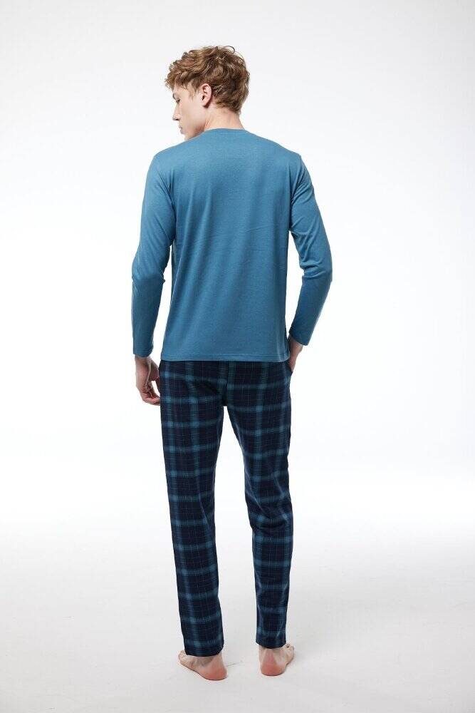 Malabadi Erkek Mavi Ekoseli Düğmeli Yaka Uzun Kollu Kışlık Pijama Takımı 6015 - 2