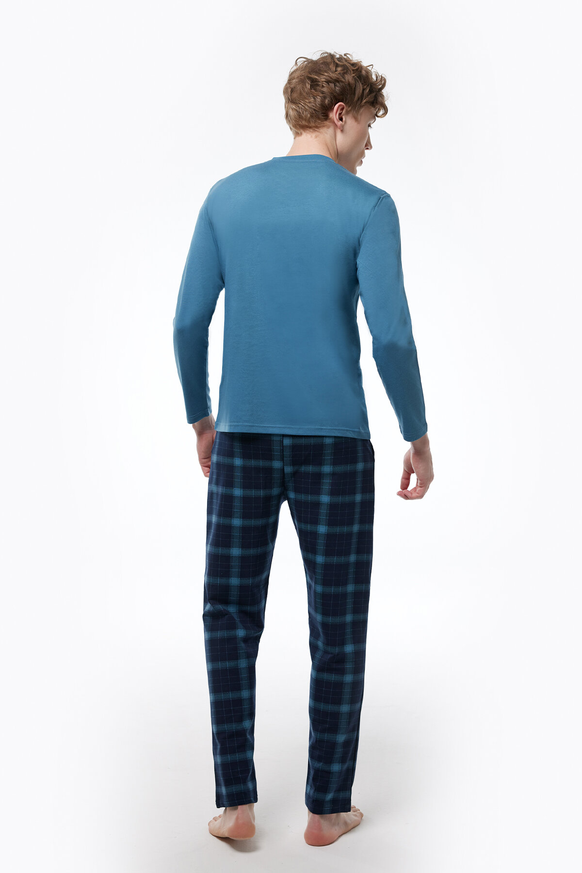 Malabadi Erkek Mavi Ekoseli V Yaka Uzun Kollu Kışlık Pijama Takımı 6014 - 3