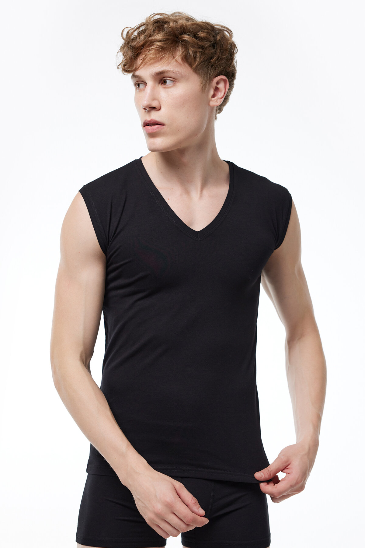 Malabadi Erkek Siyah V Yaka Pamuk Elastan Kolsuz Atlet 091 
