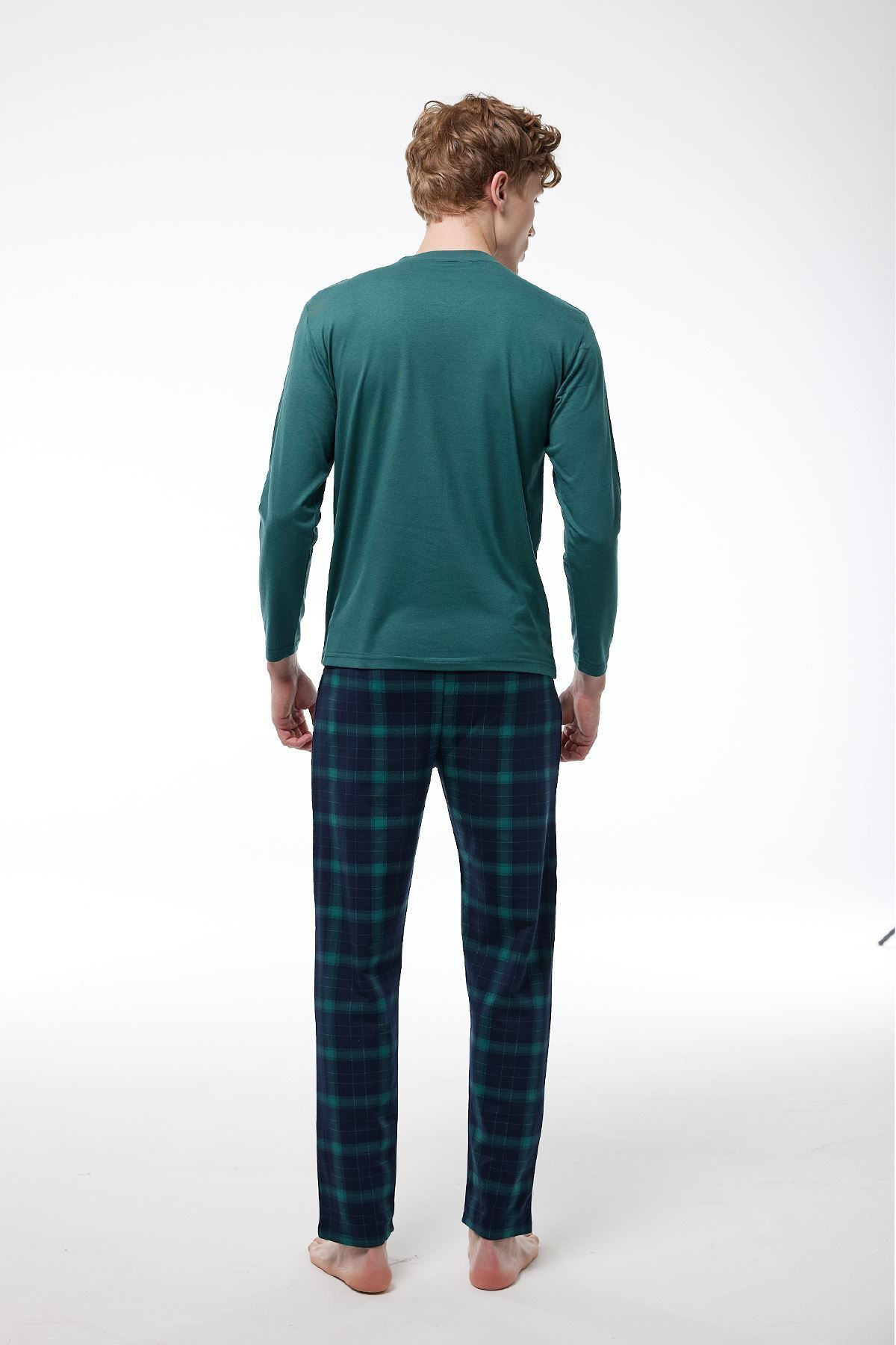 Malabadi Erkek Yeşil Ekoseli V Yaka Uzun Kollu Kışlık Pijama Takımı 6014 - 2