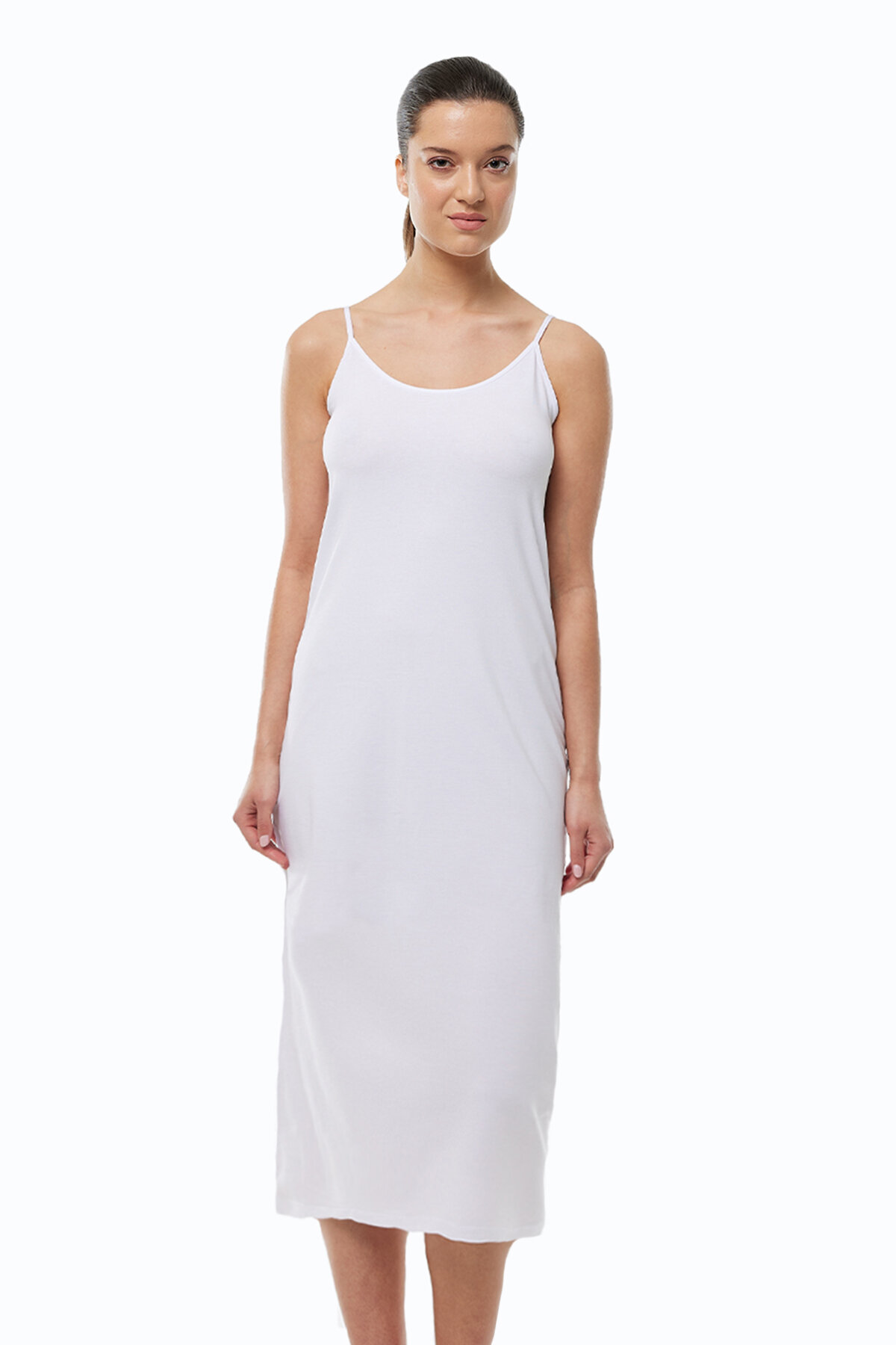 Malabadi Kadın Beyaz Ayarlanabilir İp Askılı Uzun Geniş Elbise Astarı Modal Kombinezon 1080 - Malabadi