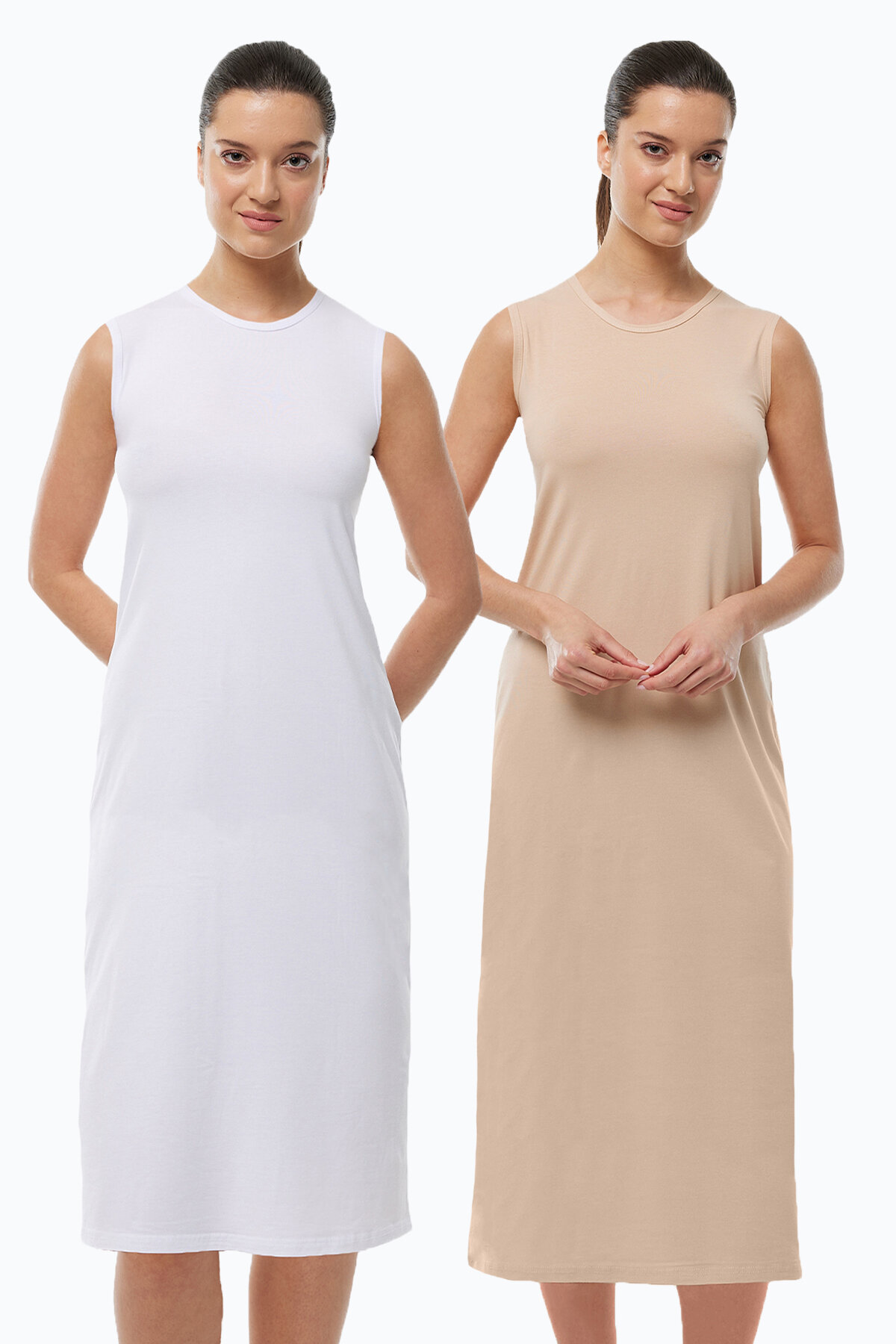 Malabadi Kadın Beyaz Ten Rengi 2 li Set Uzun Kolsuz Elbise Astarı Modal Kombinezon 2M1049 - Malabadi