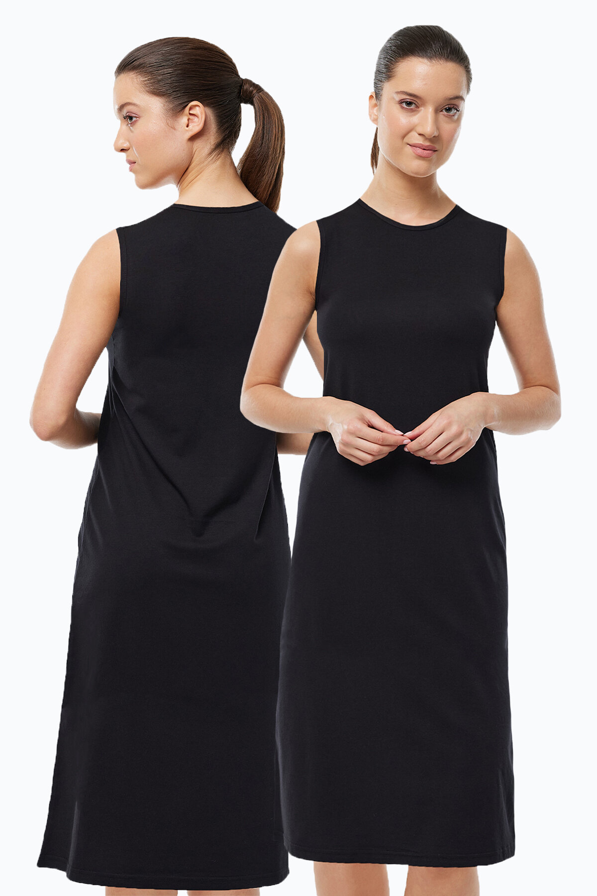 Malabadi Kadın Siyah 2 li Set Uzun Kolsuz Elbise Astarı Modal Kombinezon 2M1049 - Malabadi