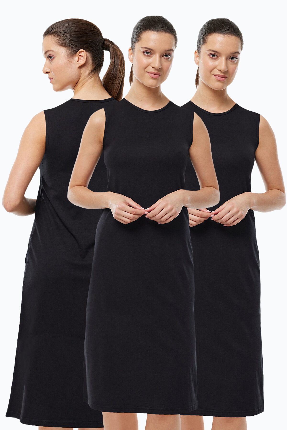 Malabadi Kadın Siyah 3 lü Set Uzun Kolsuz Elbise Astarı Modal Kombinezon 3M1049 - 1