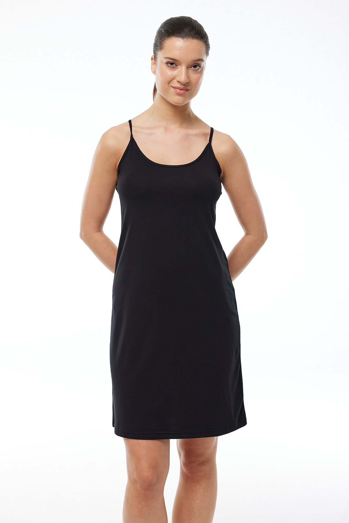 Malabadi Kadın Siyah Ayarlanabilir İp Askılı Geniş Elbise Astarı Modal Kombinezon 1060 - 2