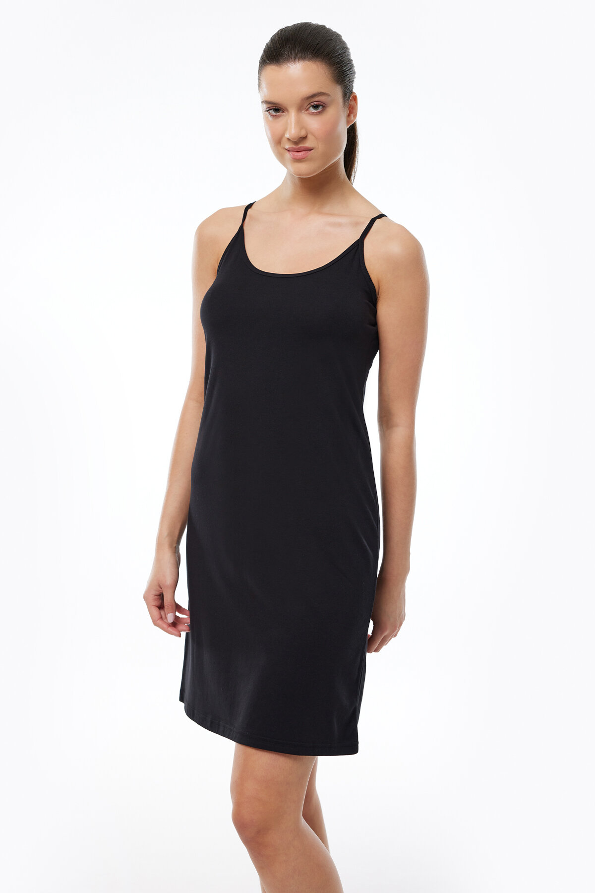 Malabadi Kadın Siyah Ayarlanabilir İp Askılı Geniş Elbise Astarı Modal Kombinezon 1060 - Malabadi