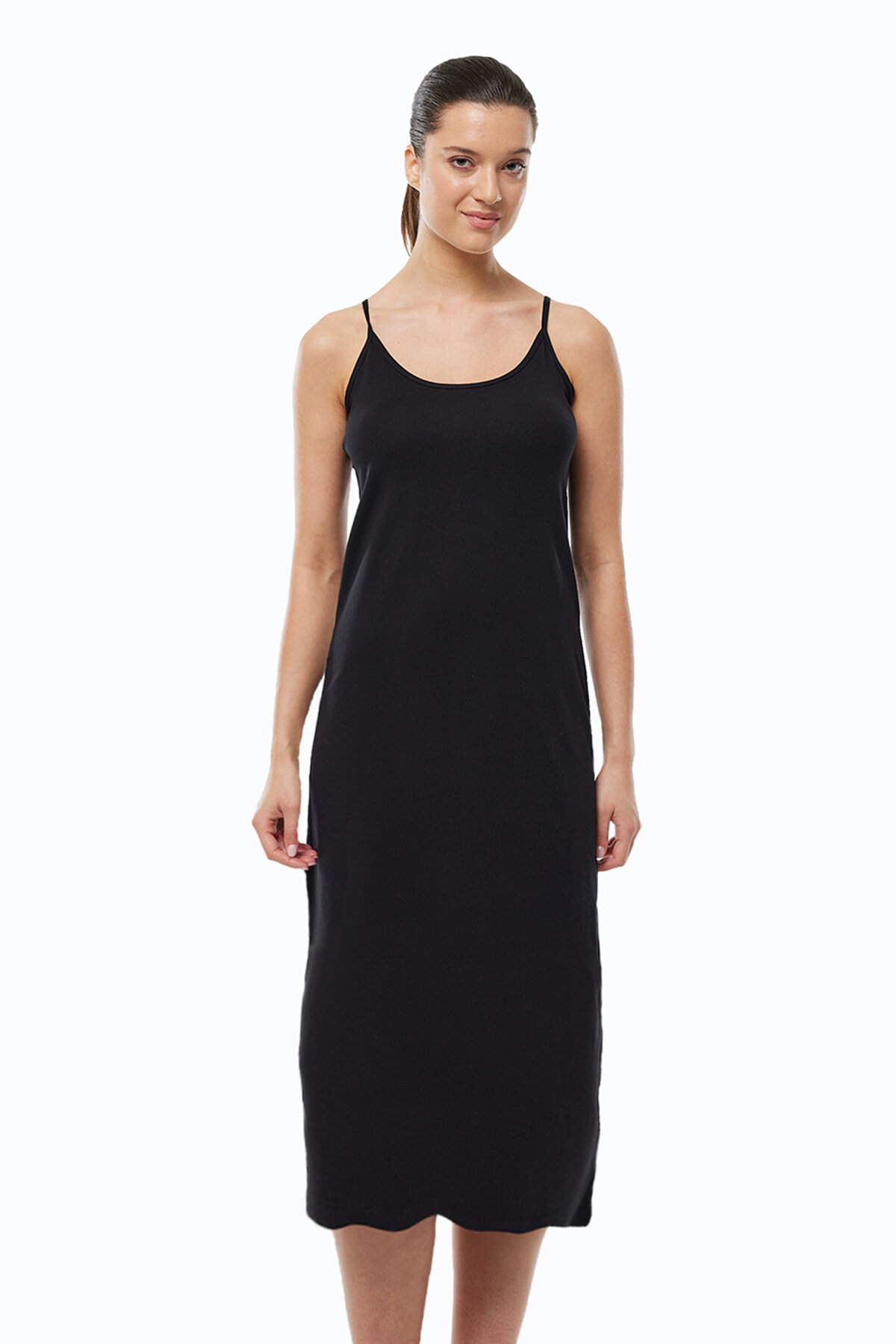 Malabadi Kadın Siyah Ayarlanabilir İp Askılı Uzun Geniş Elbise Astarı Modal Kombinezon 1080 - 1