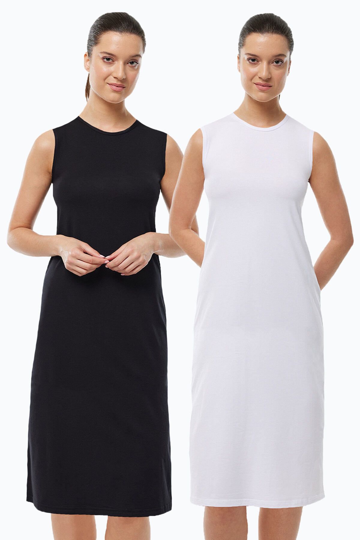 Malabadi Kadın Siyah Beyaz 2 li Set Uzun Kolsuz Elbise Astarı Modal Kombinezon 2M1049 - Malabadi