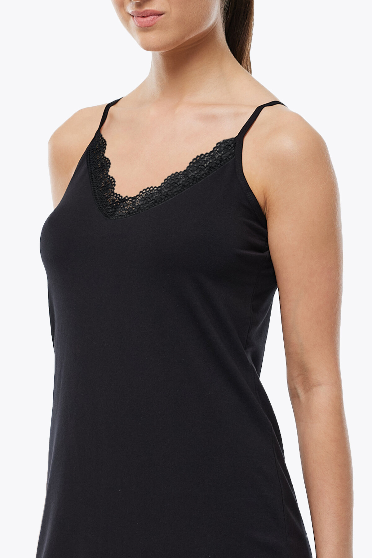 Malabadi Kadın Siyah İnce Askılı Çift Yönlü Elbise Astarı Dantelli Modal Kombinezon 1047 - 2