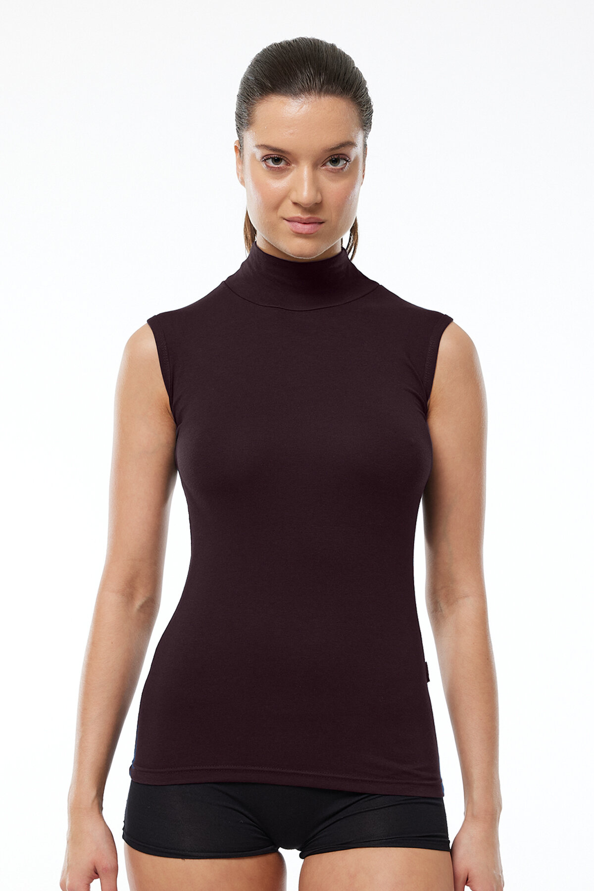 Malabadi Kadın Kahverengi Kolsuz Yarım Balıkçı Yaka Modal Body 1044 - Malabadi