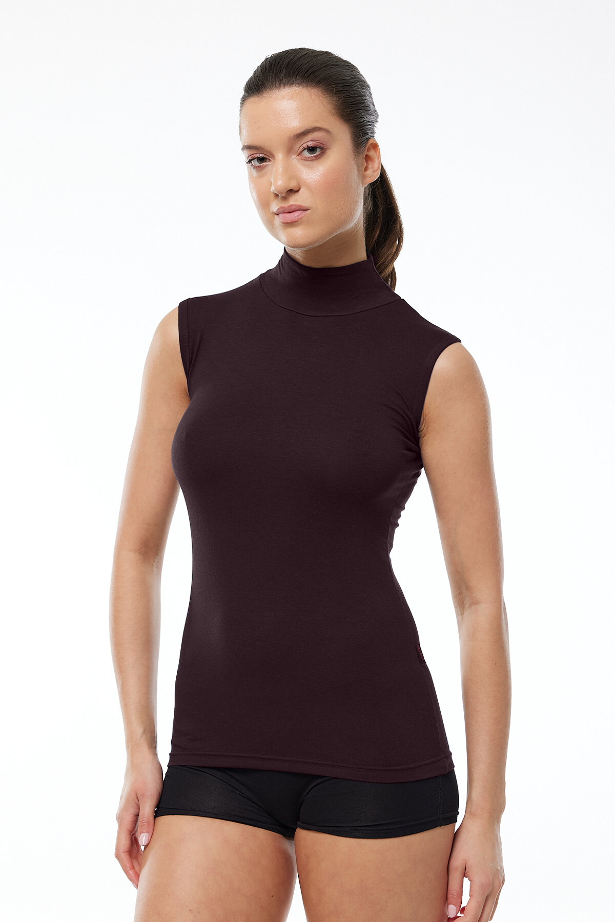 Malabadi Kadın Kahverengi Kolsuz Yarım Balıkçı Yaka Modal Body 1044 - 3