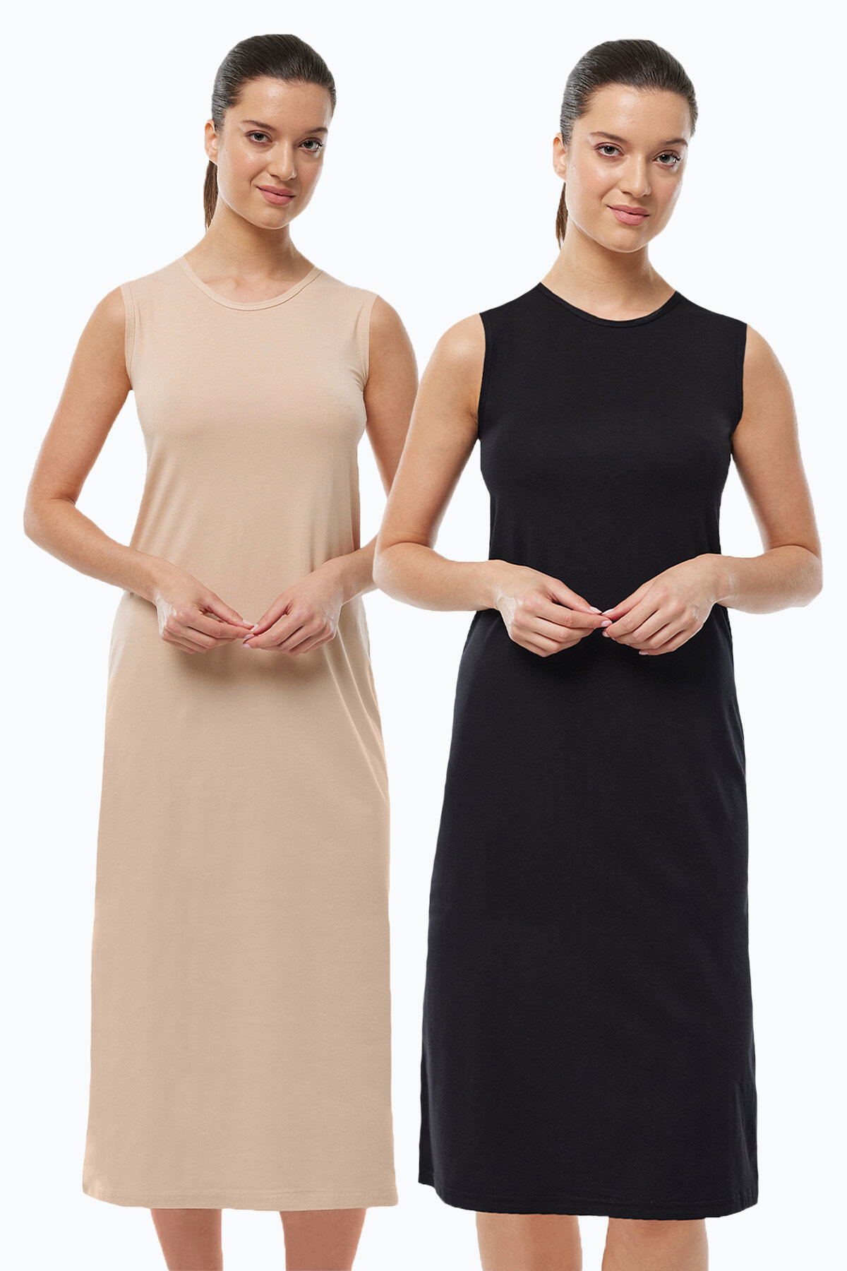 Malabadi Kadın Siyah Ten Rengi 2 li Set Uzun Kolsuz Elbise Astarı Modal Kombinezon 2M1049 - Malabadi