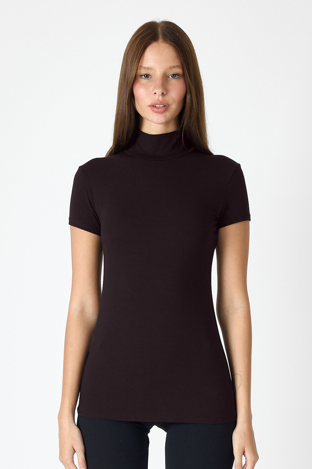 Malabadi Kadın Kahverengi Kısa Kollu Yarım Balıkçı Yaka Modal Body 1043 - Malabadi