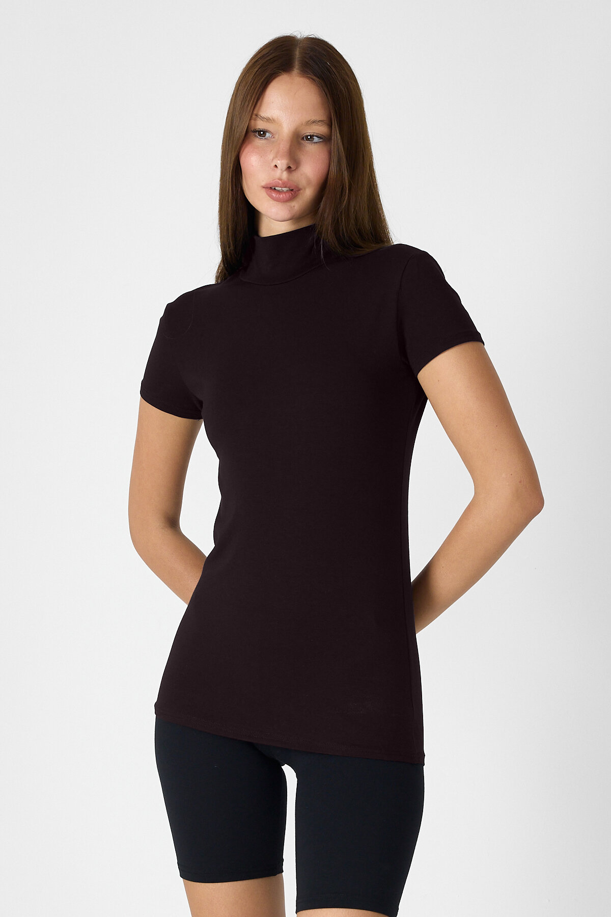 Malabadi Kadın Kahverengi Kısa Kollu Yarım Balıkçı Yaka Modal Body 1043 - 2