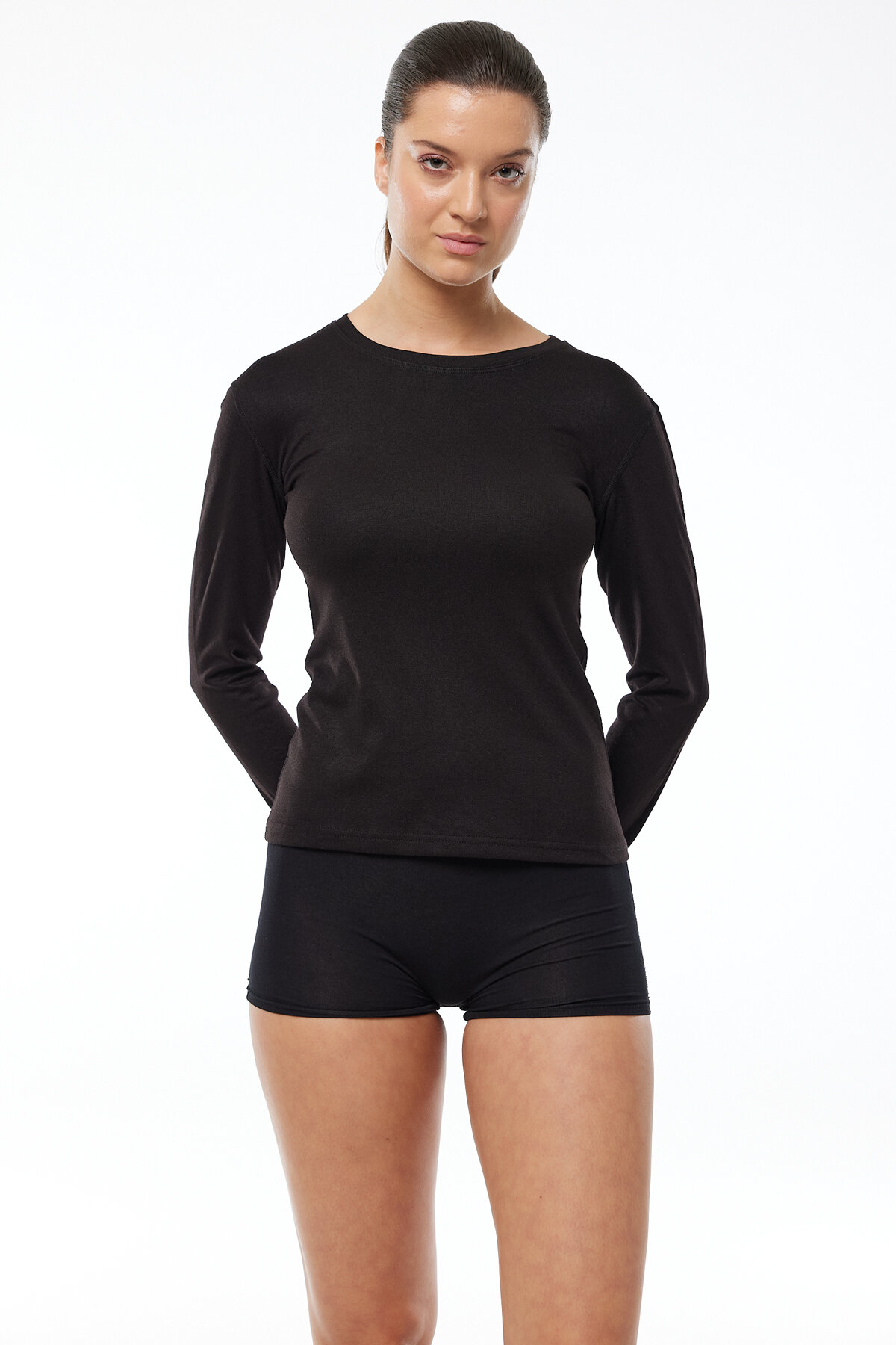 Malabadi Kadın Siyah Yuvarlak Yaka Uzun Kollu Viloft Termal Üst İçlik 706 - 2