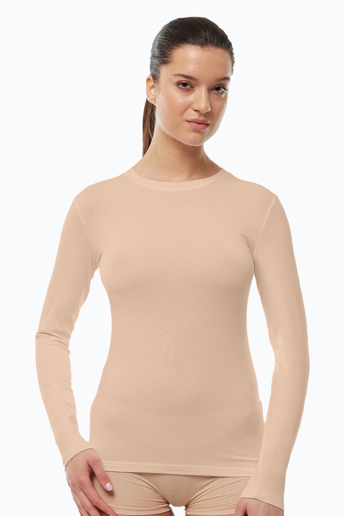 Malabadi Kadın Ten Rengi Yuvarlak Yaka Uzun Kollu Modal Görünmez Body 182 - Malabadi