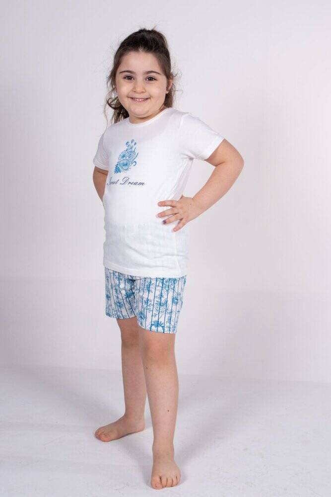 Malabadi Kız Çocuk Ekru Kısa Kollu Yazlık Pijama Baskılı Şortlu Takım 4004 - 1