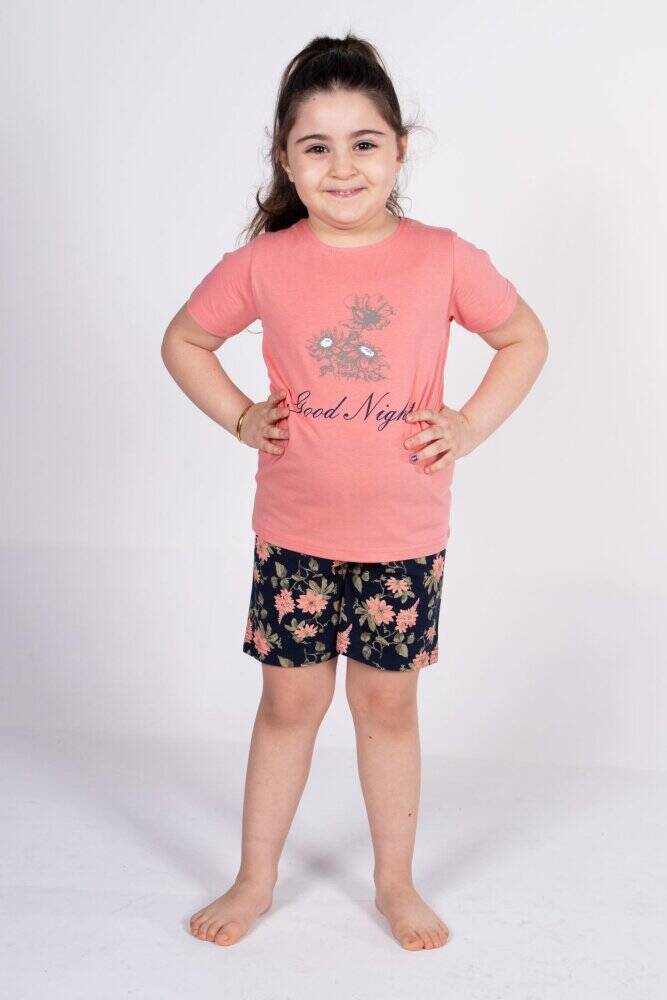 Malabadi Kız Çocuk Somon Kısa Kollu Yazlık Pijama Baskılı Şortlu Takım 4004 - 1